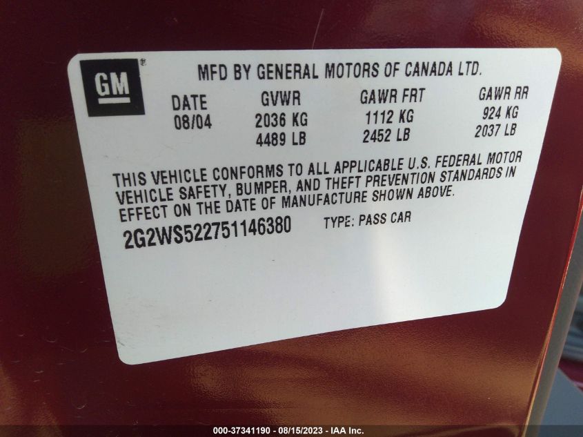 2G2WS522751146380 2005 Pontiac Grand Prix Gt