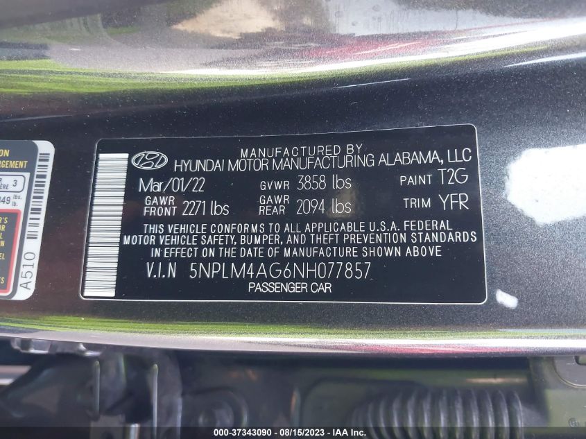 2022 Hyundai Elantra Sel VIN: 5NPLM4AG6NH077857 Lot: 37343090