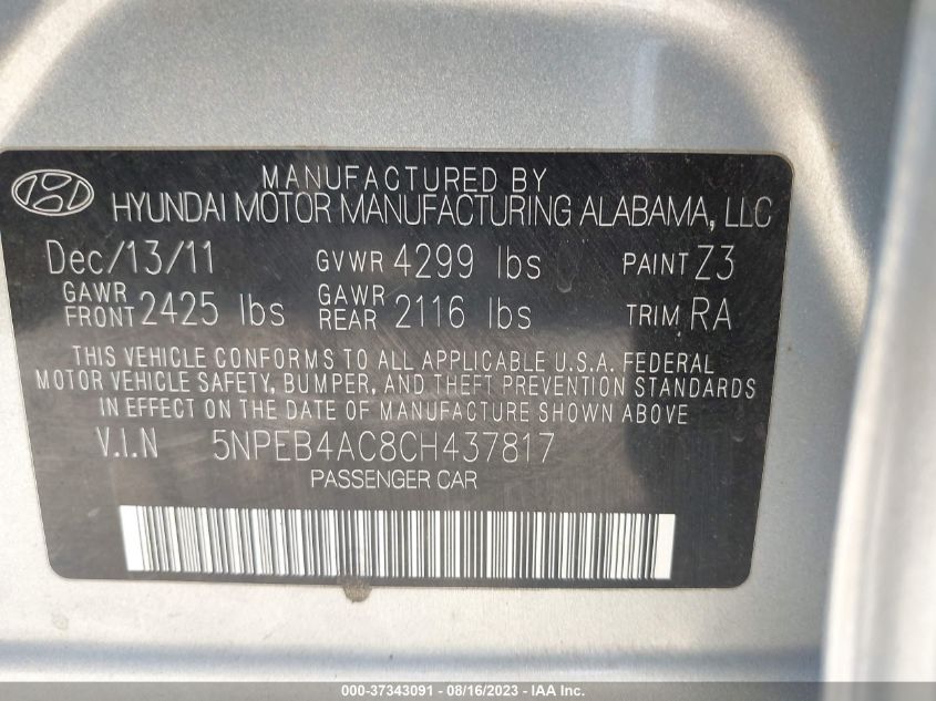 2012 Hyundai Sonata Gls VIN: 5NPEB4AC8CH437817 Lot: 37343091