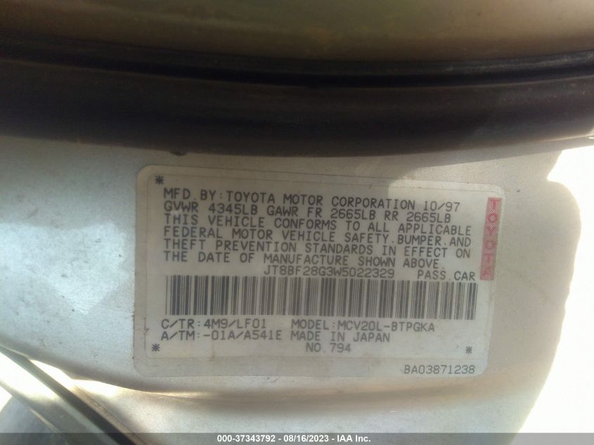 1998 Lexus Es 300 Luxury Sport Sdn VIN: JT8BF28G3W5022329 Lot: 37343792