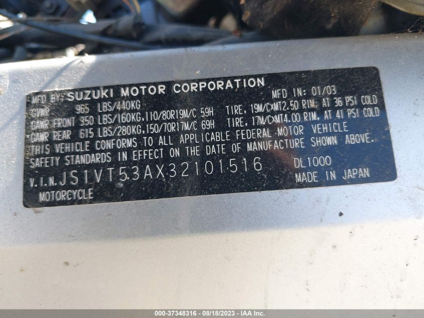 2003 Suzuki Dl1000 VIN: JS1VT53AX32101516 Lot: 37348316