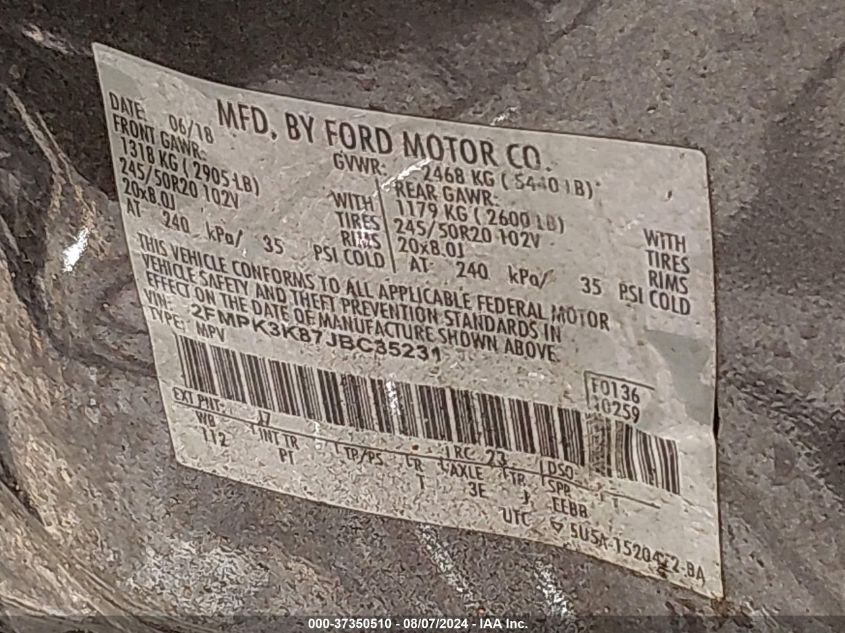 2018 Ford Edge Titanium VIN: 2FMPK3K87JBC35231 Lot: 37350510