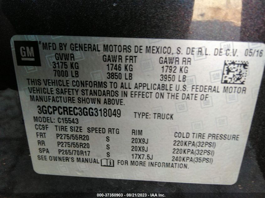 3GCPCREC3GG318049 2016 Chevrolet Silverado 1500 1Lt