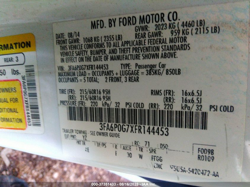 VIN 3FA6P0G7XFR144453 2015 FORD FUSION no.9