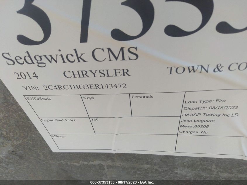 2014 Chrysler Town & Country Touring VIN: 2C4RC1BG3ER143472 Lot: 37353133