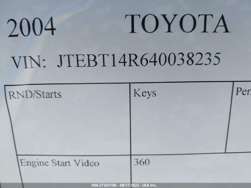 2004 Toyota 4Runner Sr5 V8 VIN: JTEBT14R640038235 Lot: 37353186