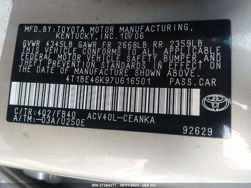 4T1BE46K97U616501 2007 Toyota Camry Le