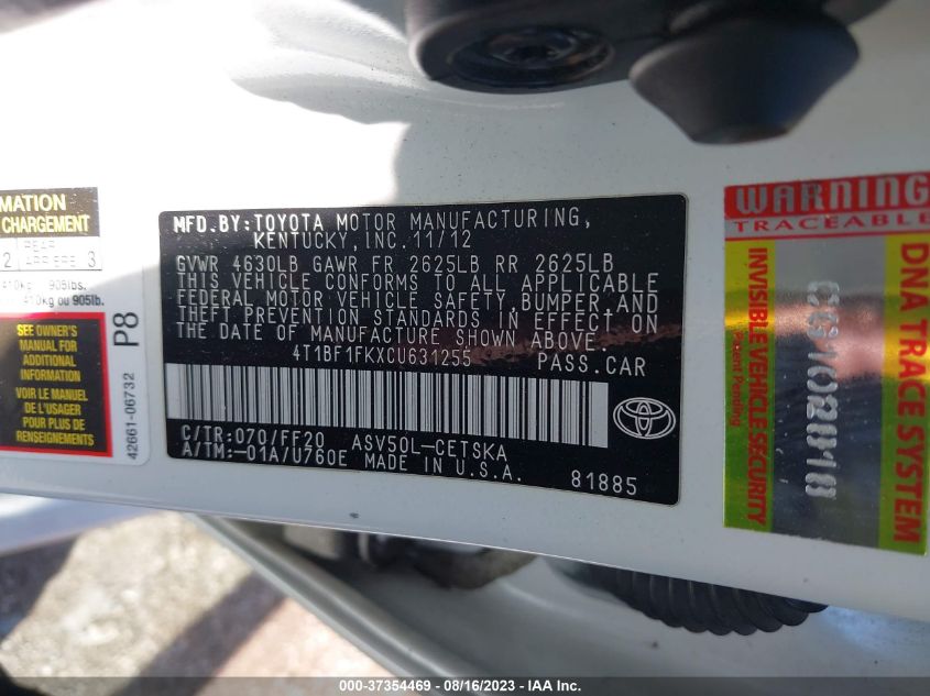 2012 Toyota Camry Se Limited Edition VIN: 4T1BF1FKXCU631255 Lot: 39661792