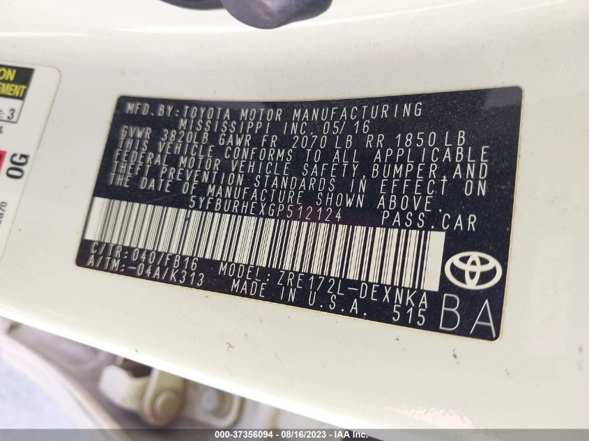 5YFBURHEXGP512124 2016 Toyota Corolla L/Le/S/S Plus/Le Plus