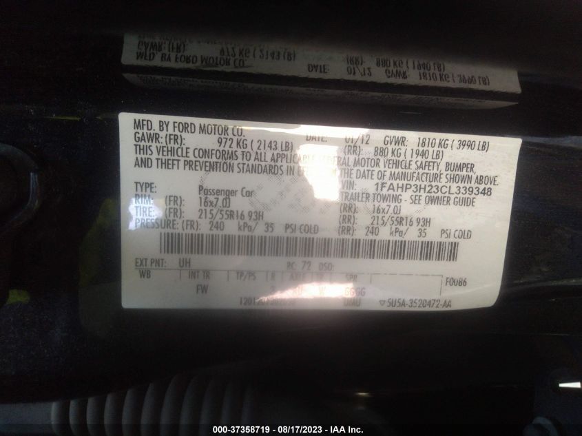 1FAHP3H23CL339348 2012 Ford Focus Sel