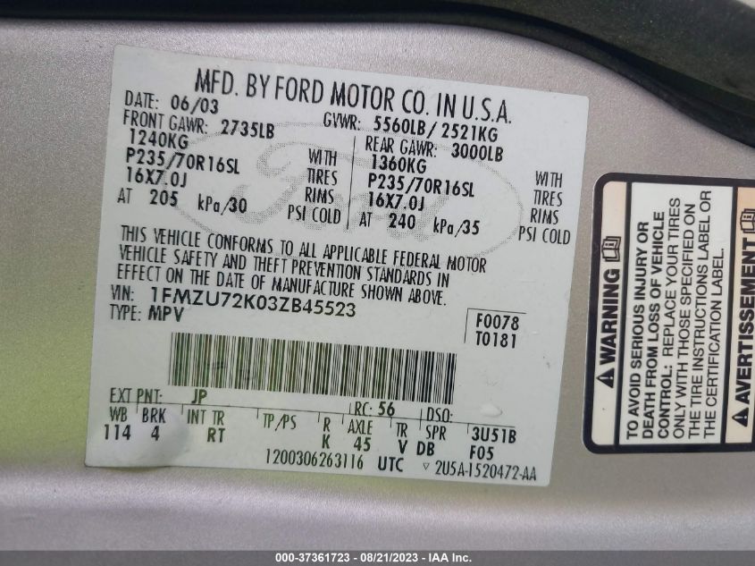 2003 Ford Explorer Xls VIN: 1FMZU72K03ZB45523 Lot: 37361723