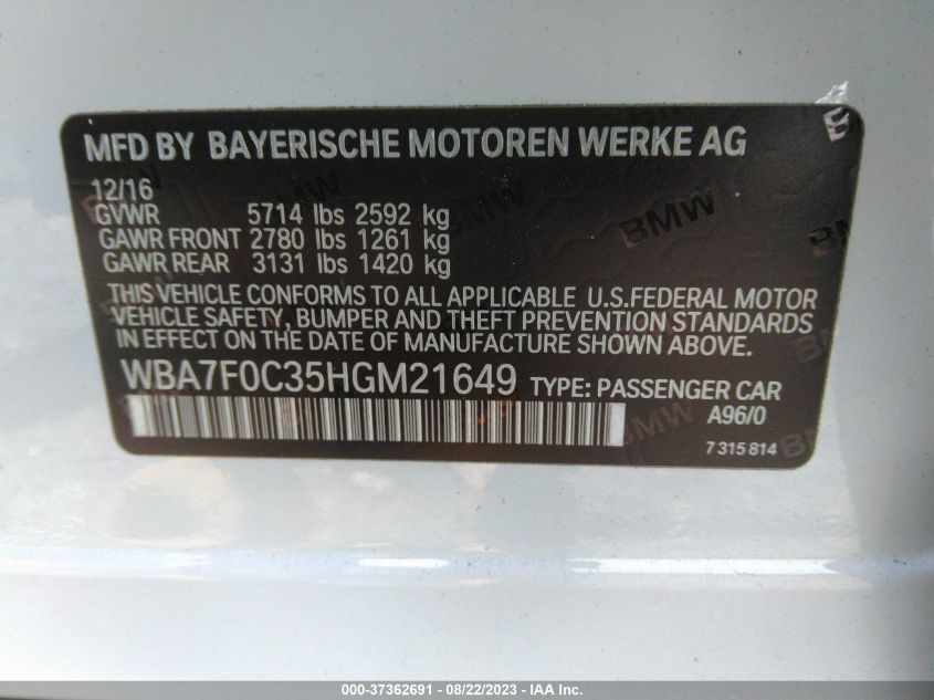 2017 BMW 750I VIN: WBA7F0C35HGM21649 Lot: 37362691