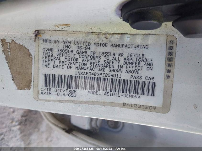 1994 Toyota Corolla VIN: 1NXAE04B3RZ209011 Lot: 37365328