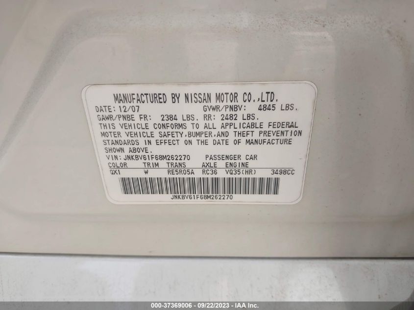 2008 Infiniti G35X VIN: JNKBV61F68M262270 Lot: 37369006