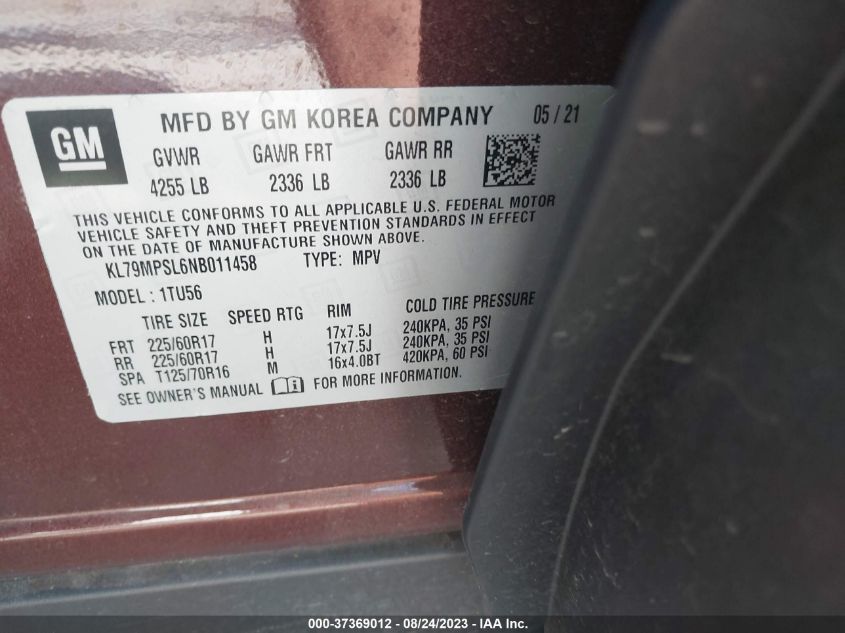 KL79MPSL6NB011458 2022 Chevrolet Trailblazer Lt