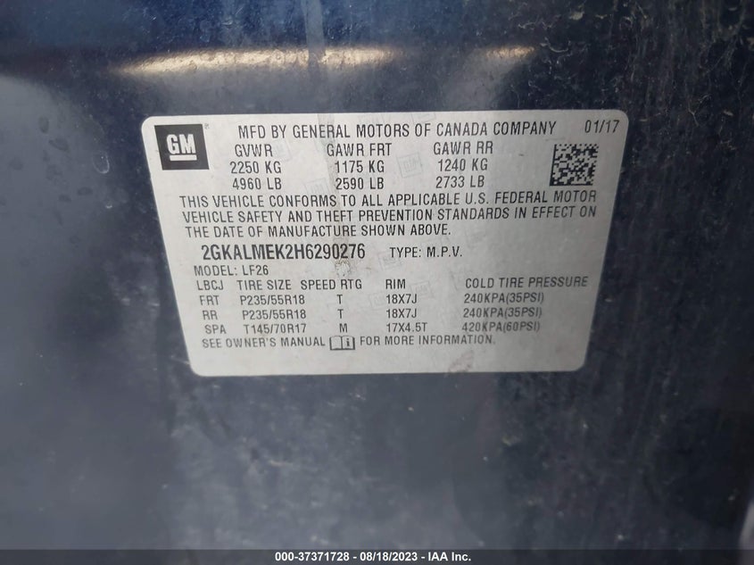 2017 GMC Terrain Sle VIN: 2GKALMEK2H6290276 Lot: 37371728