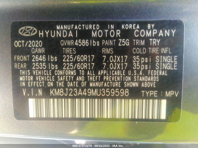 KM8J23A49MU359598 2021 Hyundai Tucson Se