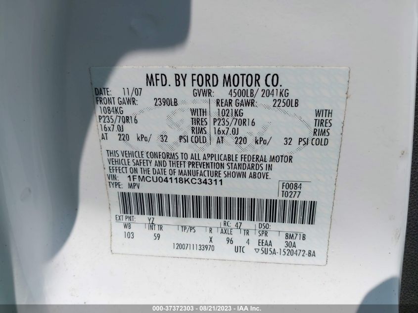 1FMCU04118KC34311 2008 Ford Escape Limited