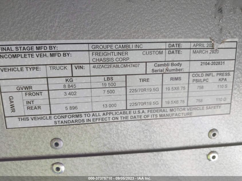 2020 Freightliner Chassis M Line Walk-In Van VIN: 4UZAC2EA8LCMH7407 Lot: 37375710