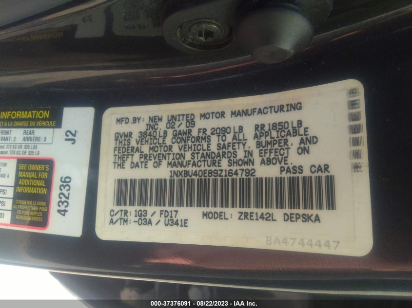 1NXBU40E89Z164792 2009 Toyota Corolla S