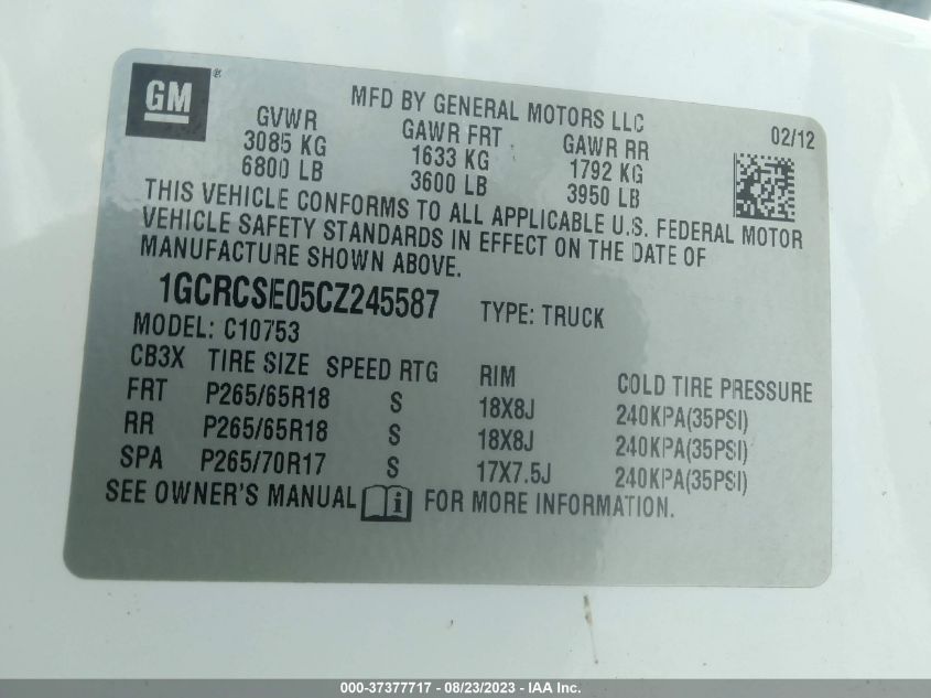 1GCRCSE05CZ245587 2012 Chevrolet Silverado 1500 Lt