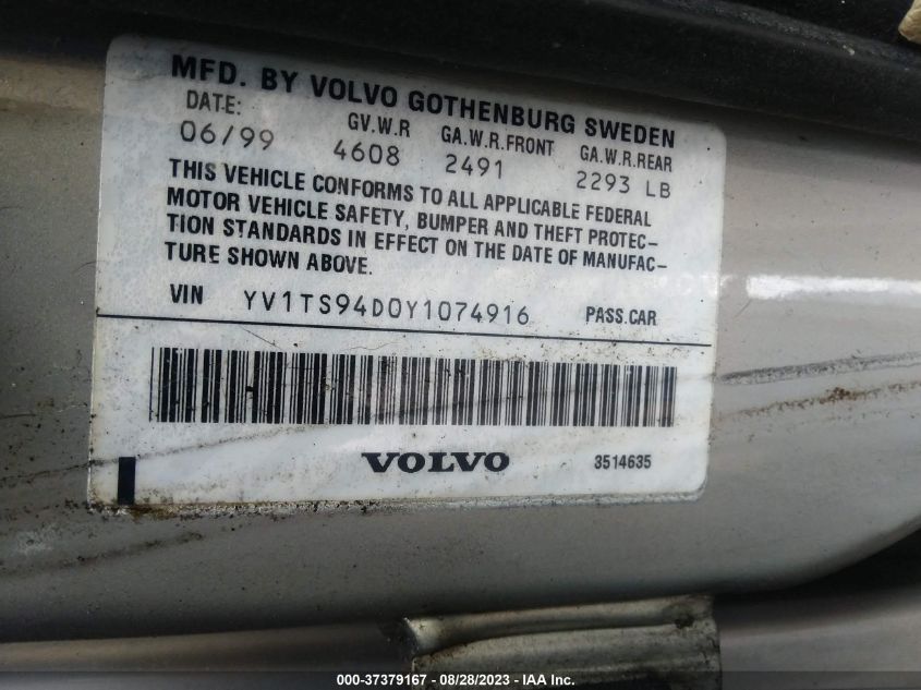 2000 Volvo S80 VIN: YV1TS94D0Y1074916 Lot: 37379167