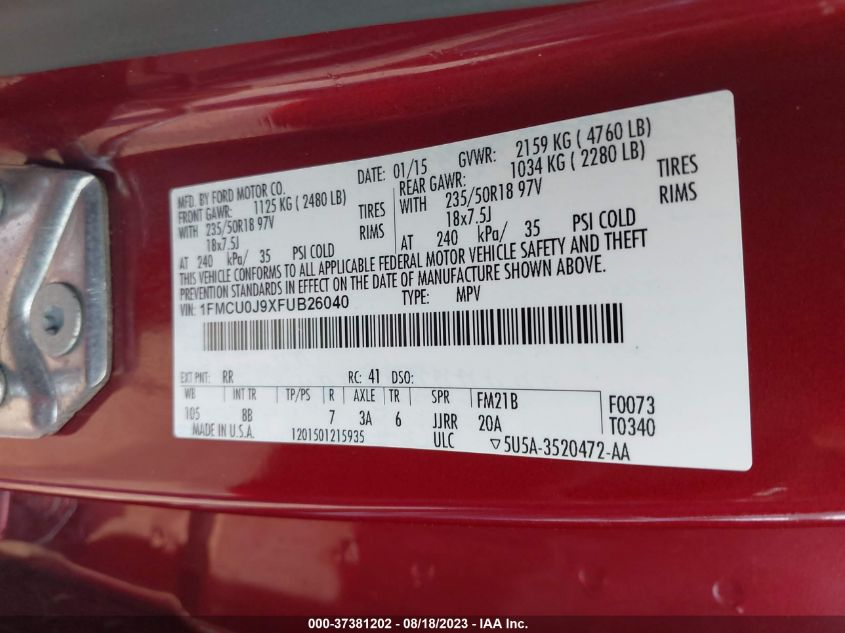 1FMCU0J9XFUB26040 2015 Ford Escape Titanium