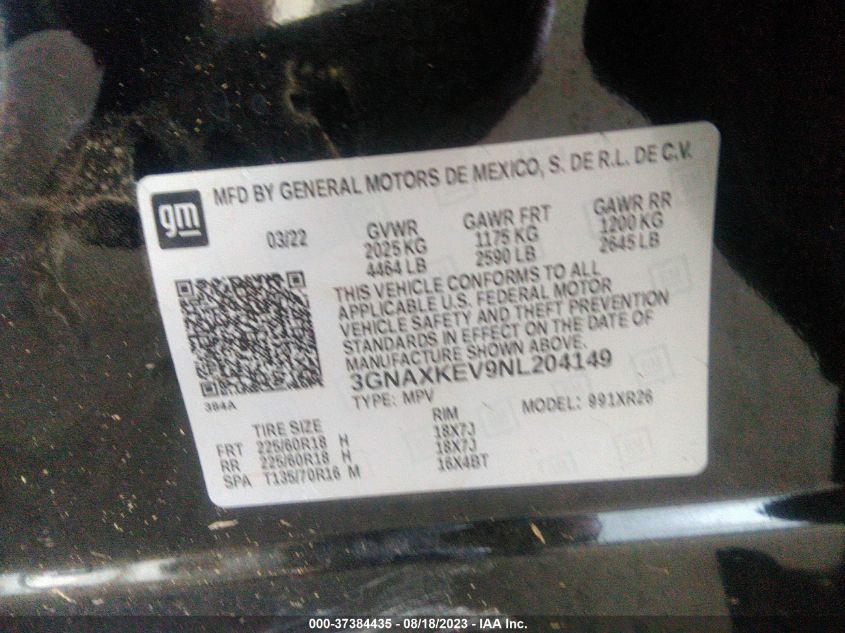 3GNAXKEV9NL204149 2022 Chevrolet Equinox Fwd Lt