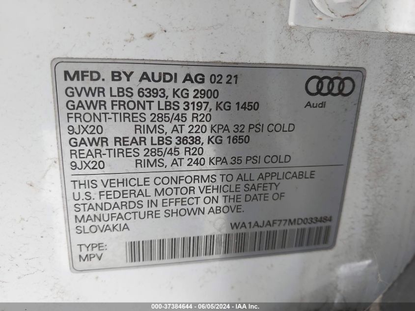 2021 Audi Q7 Premium 45 Tfsi Quattro Tiptronic VIN: WA1AJAF77MD033484 Lot: 37384644