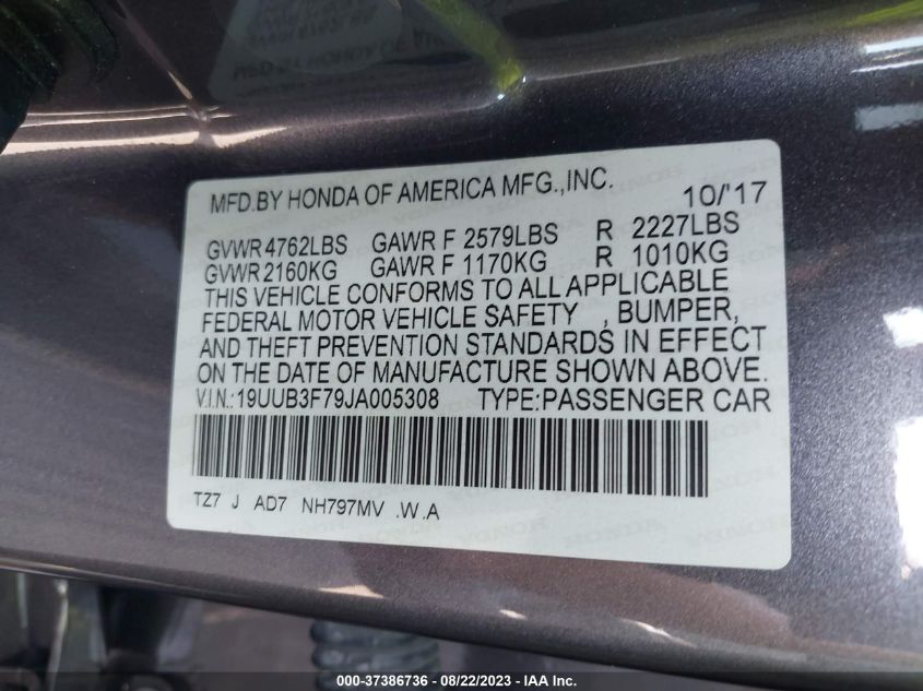 2018 Acura Tlx W/Advance Pkg VIN: 19UUB3F79JA005308 Lot: 37386736