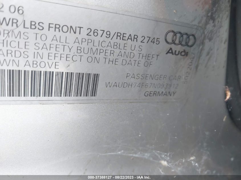 2007 Audi A6 3.2 VIN: WAUDH74F67N093912 Lot: 37388127