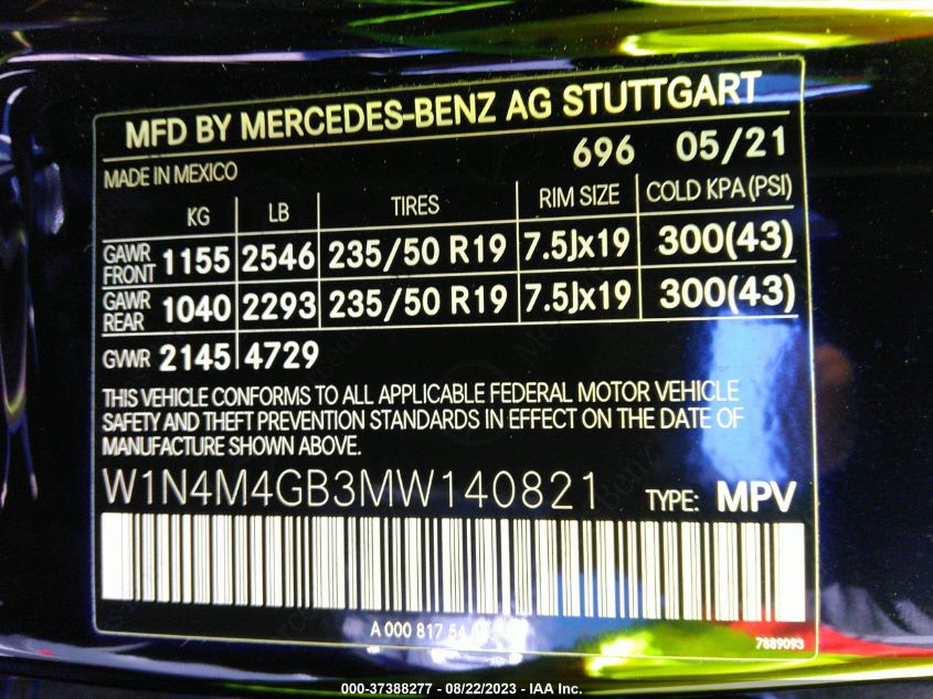 W1N4M4GB3MW140821 2021 Mercedes-Benz Glb 250