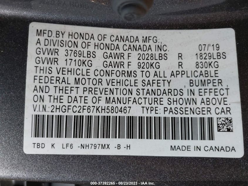 2HGFC2F67KH580467 2019 Honda Civic Lx