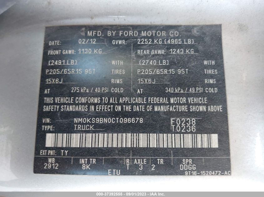 2012 Ford Transit Connect Xlt VIN: NM0KS9BN0CT096678 Lot: 37392555