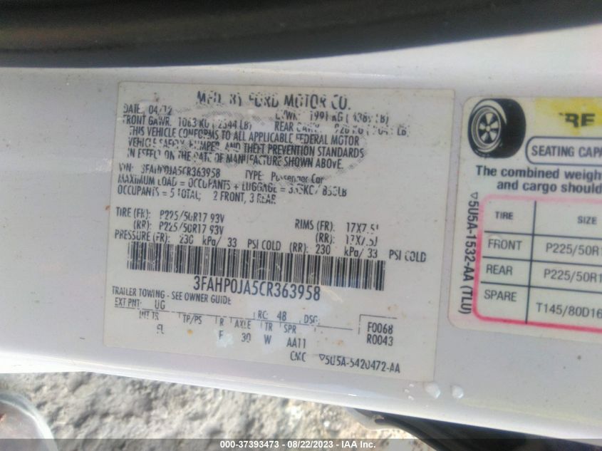 3FAHP0JA5CR363958 2012 Ford Fusion Sel