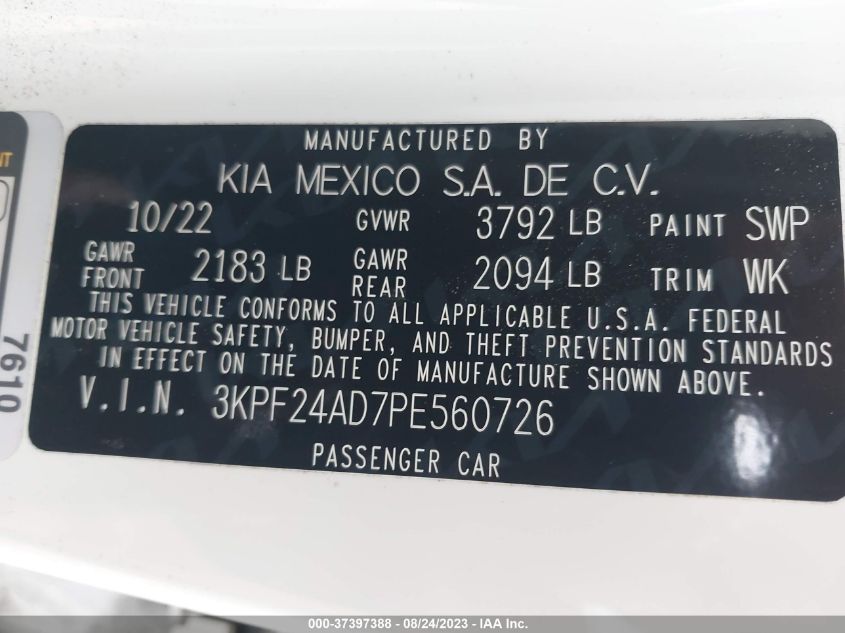 2023 Kia Forte Lxs VIN: 3KPF24AD7PE560726 Lot: 37397388