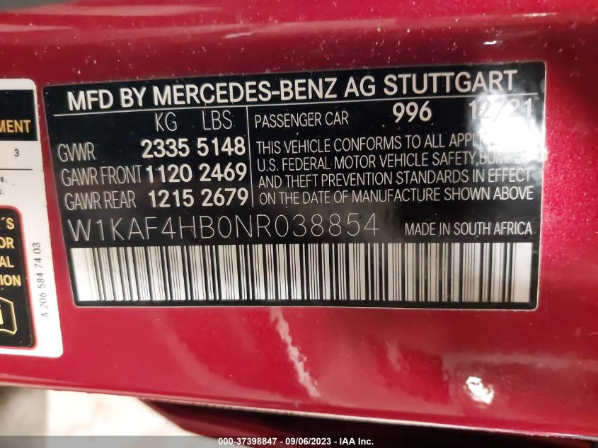 2022 Mercedes-Benz C 300 VIN: W1KAF4HB0NR038854 Lot: 37398847