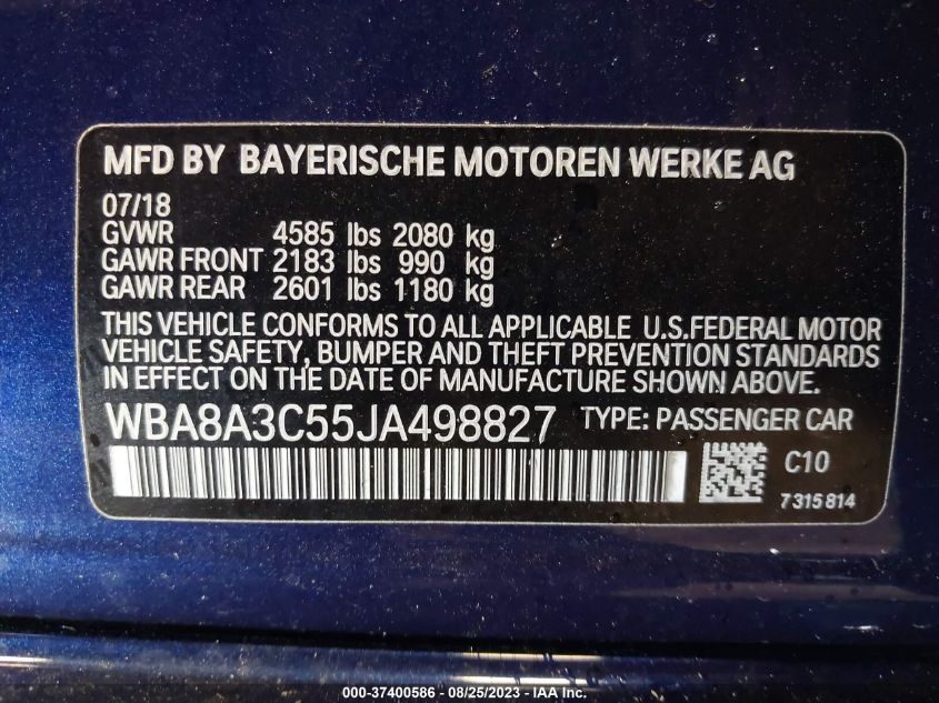 2018 BMW 320I xDrive VIN: WBA8A3C55JA498827 Lot: 37400586