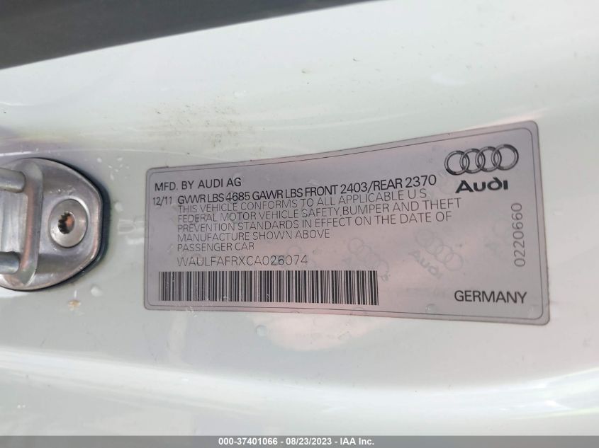 2012 Audi A5 2.0T Premium VIN: WAULFAFRXCA026074 Lot: 37401066