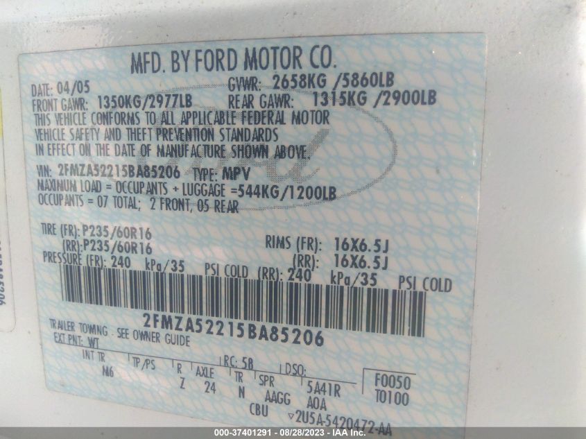 2005 Ford Freestar Sel VIN: 2FMZA52215BA85206 Lot: 37401291