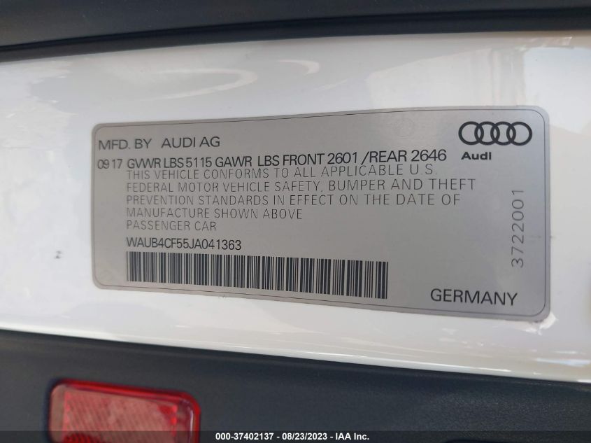 2018 Audi S5 Sportback Premium Plus VIN: WAUB4CF55JA041363 Lot: 37402137