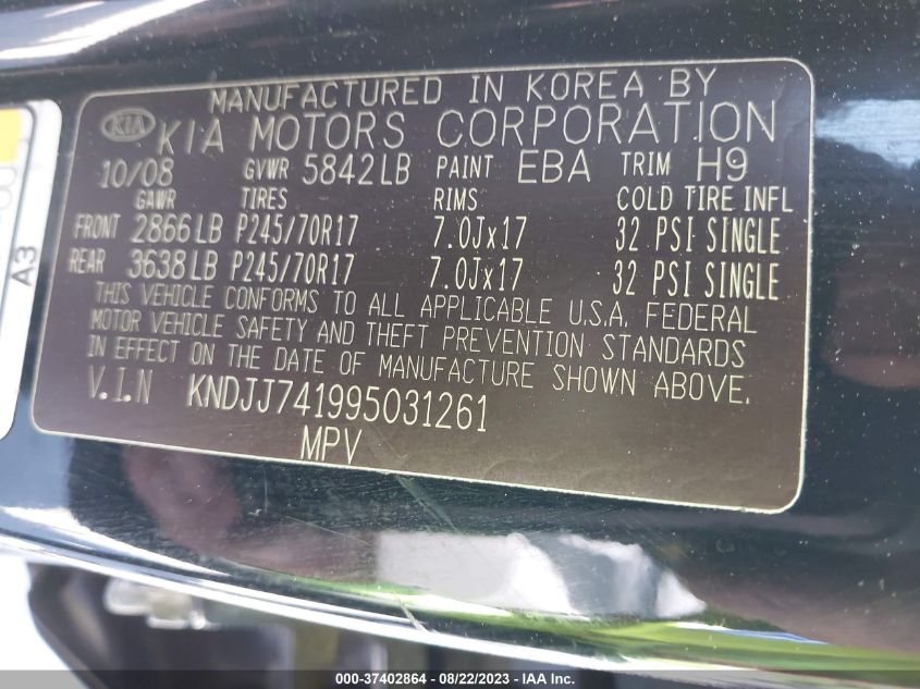 2009 Kia Borrego Ex VIN: KNDJJ741995031261 Lot: 37402864