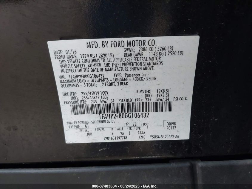 2016 Ford Taurus Limited VIN: 1FAHP2F80GG106432 Lot: 37403684