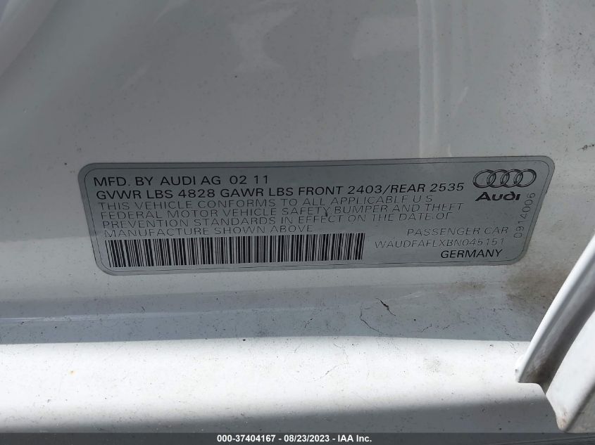 2011 Audi A4 2.0T Premium VIN: WAUDFAFLXBN045151 Lot: 37404167