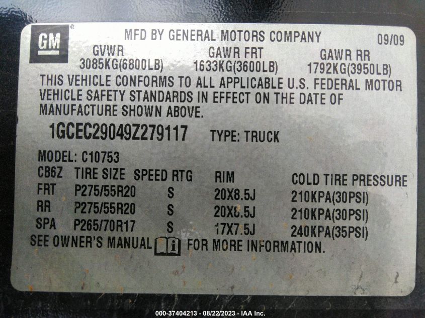 2009 Chevrolet Silverado 1500 Lt VIN: 1GCEC29049Z279117 Lot: 37404213