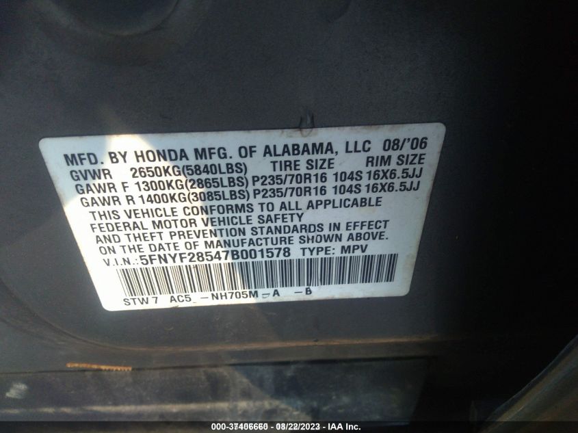 5FNYF28547B001578 2007 Honda Pilot Ex-L