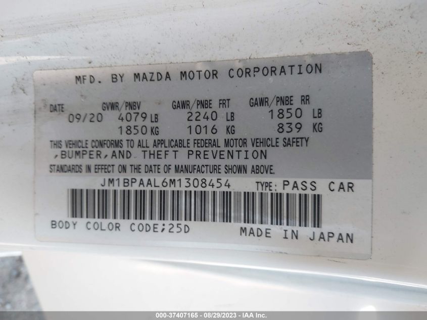 2021 Mazda Mazda3 Sedan 2.5 S VIN: JM1BPAAL6M1308454 Lot: 37407165