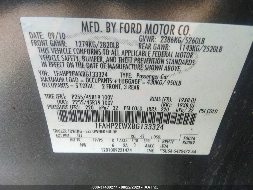 2011 Ford Taurus Sel VIN: 1FAHP2EWXBG133324 Lot: 37409277