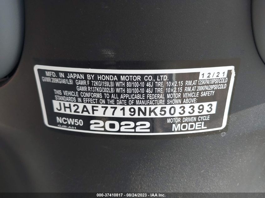 2022 Honda Ncw50 VIN: JH2AF7719NK503393 Lot: 37410817