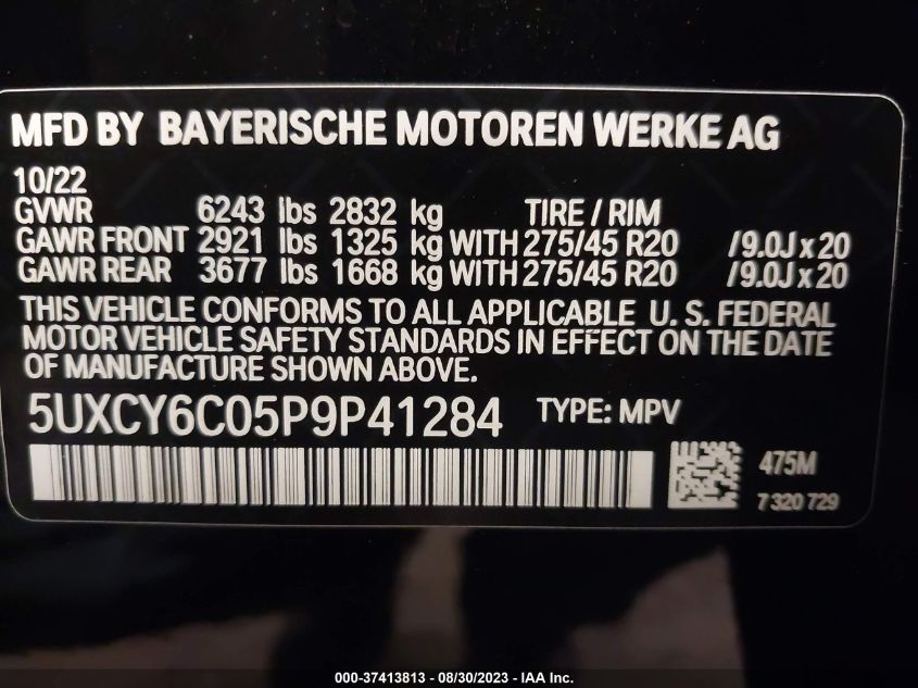 VIN 5UXCY6C05P9P41284 2023 BMW X6, Xdrive40I no.9